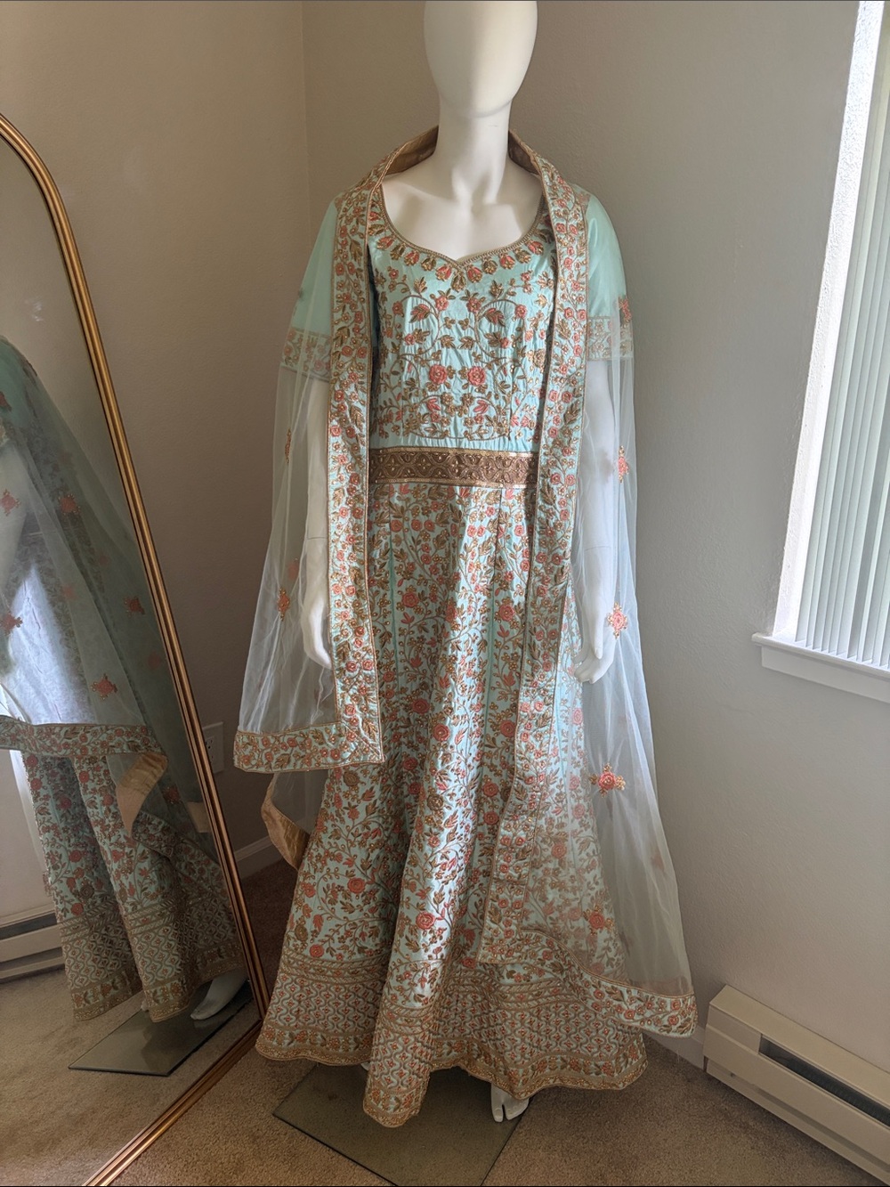 Mint Floral Embroidered Lehenga Maxi with Sheer Dupatta